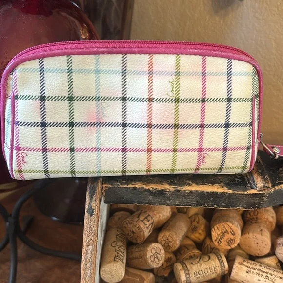 Coach Peyton Tattersall Coated Canvas and Leather Plaid Pink Stripe Cosmetic Bag - Picture 3 of 9